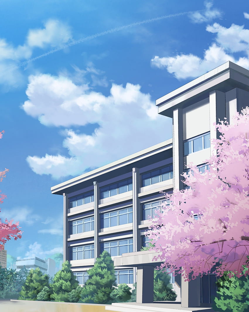 1864x2334 Anime School, Building, Sakura Blossom, Clouds, high school anime HD phone wallpaper