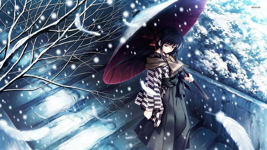 Snow tree kimono girl alone sad anime blue, sadness anime HD wallpaper