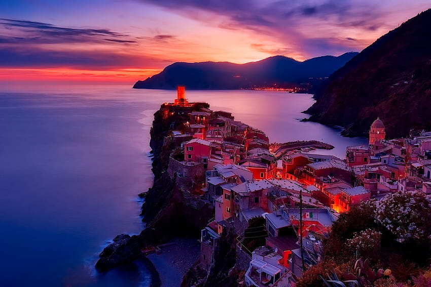 Arial graphy of white and red village, italian village sunset HD wallpaper