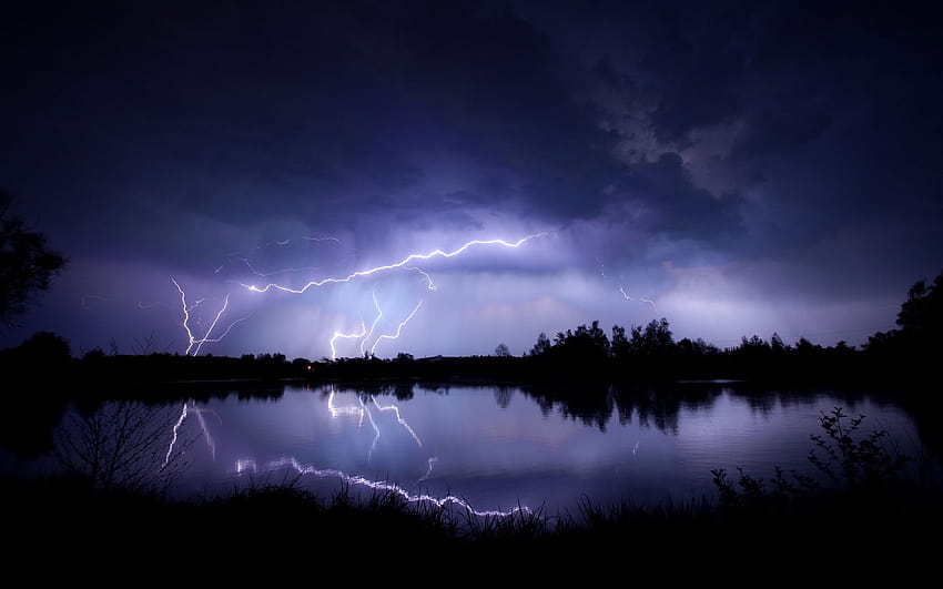 Landscapes nature trees forest lakes reflection lightning rain storm night water contrast bright light scenic HD wallpaper