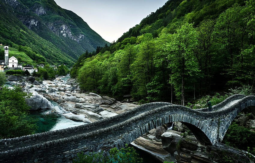 forest, mountains, bridge, river, Switzerland, ponte dei salti switzerland HD wallpaper
