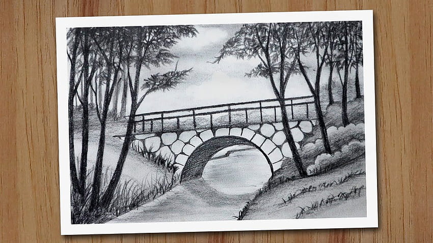 Waldbrückenlandschaft mit Bleistift Schritt für Schritt zeichnen, Bleistiftzeichnung ... HD-Hintergrundbild