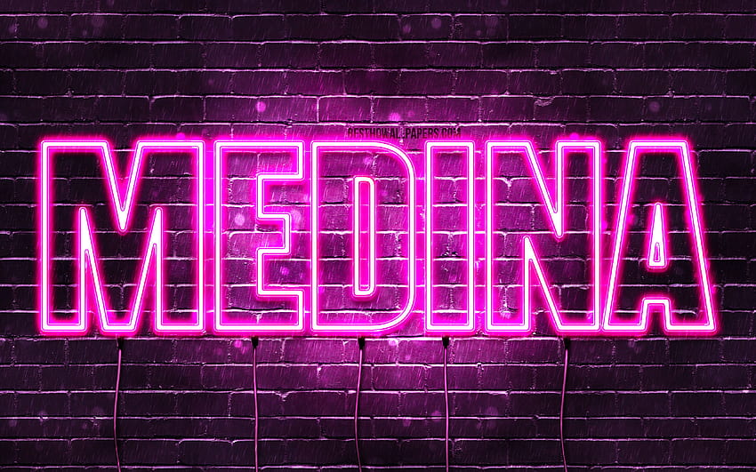 Medina, with names, female names, Medina name, purple neon lights, Happy Birtay Medina, popular kazakh female names, with Medina name with resolution 3840x2400. High Quality HD wallpaper
