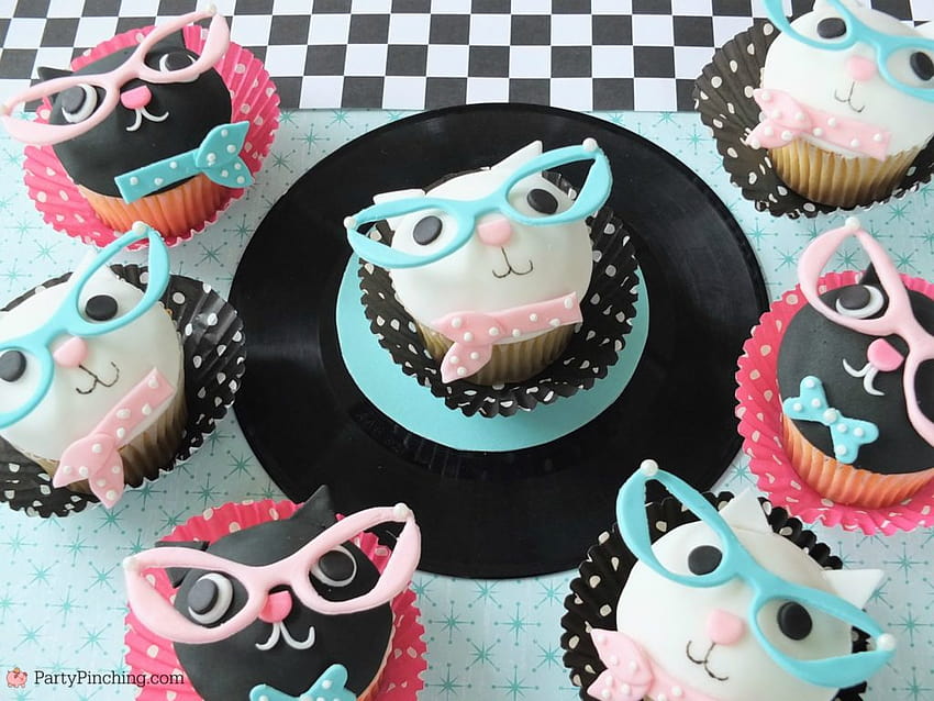 Cool cat cupcakes, cat eye glasses cupcakes, fifties 50's retro party ideas HD wallpaper