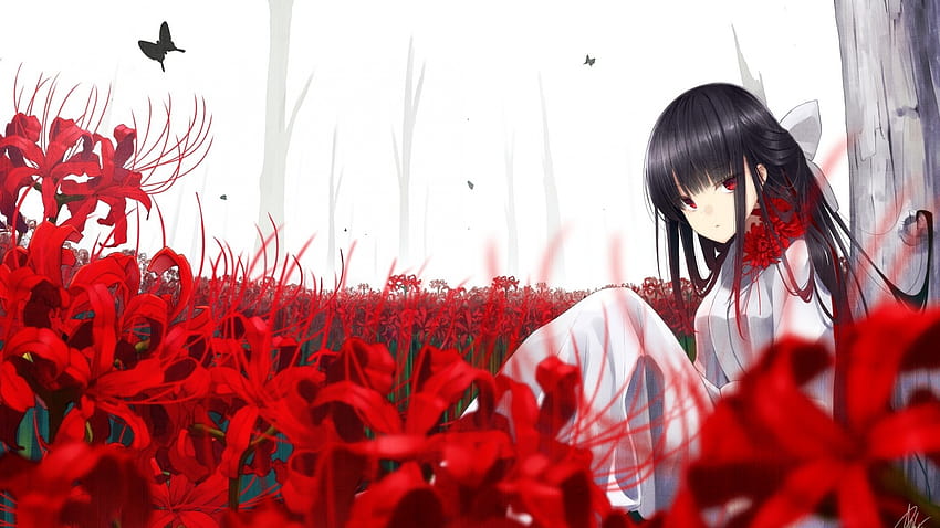 Червени очи, аниме момиче, пеперуда, цветя, черна коса, аниме червен банер HD тапет