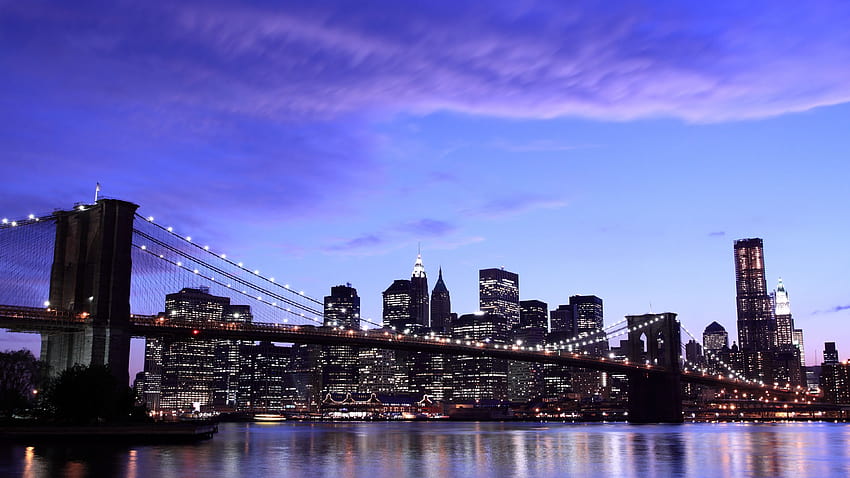 new york city, brooklyn bridge, evening, lights, sky, clouds brooklyn bridge, Evening, new york city HD wallpaper