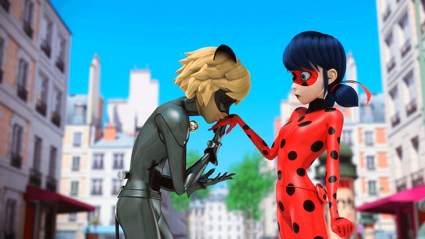 Miraculous Ladybug y Chat Noir besan la mano, ladybug besando a cat noir fondo de pantalla