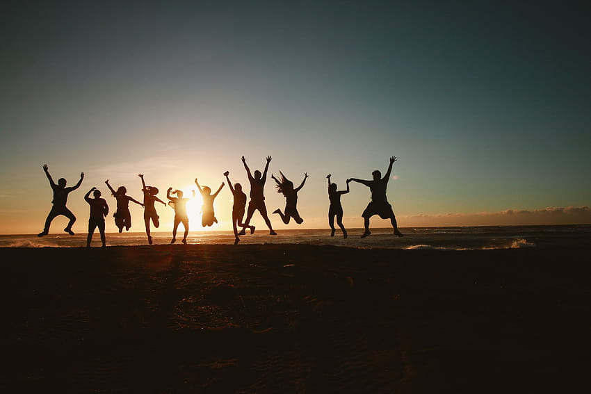 Silhouette graphy of Group of People Jumping during Golden, group graphy HD wallpaper