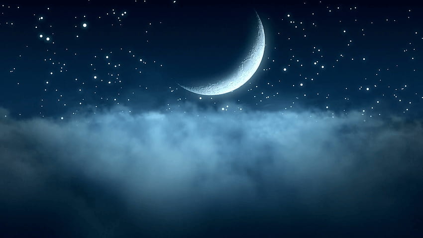 Flying Through Thin Clouds at Night with Beautiful Crescent Moon and, moon background HD wallpaper