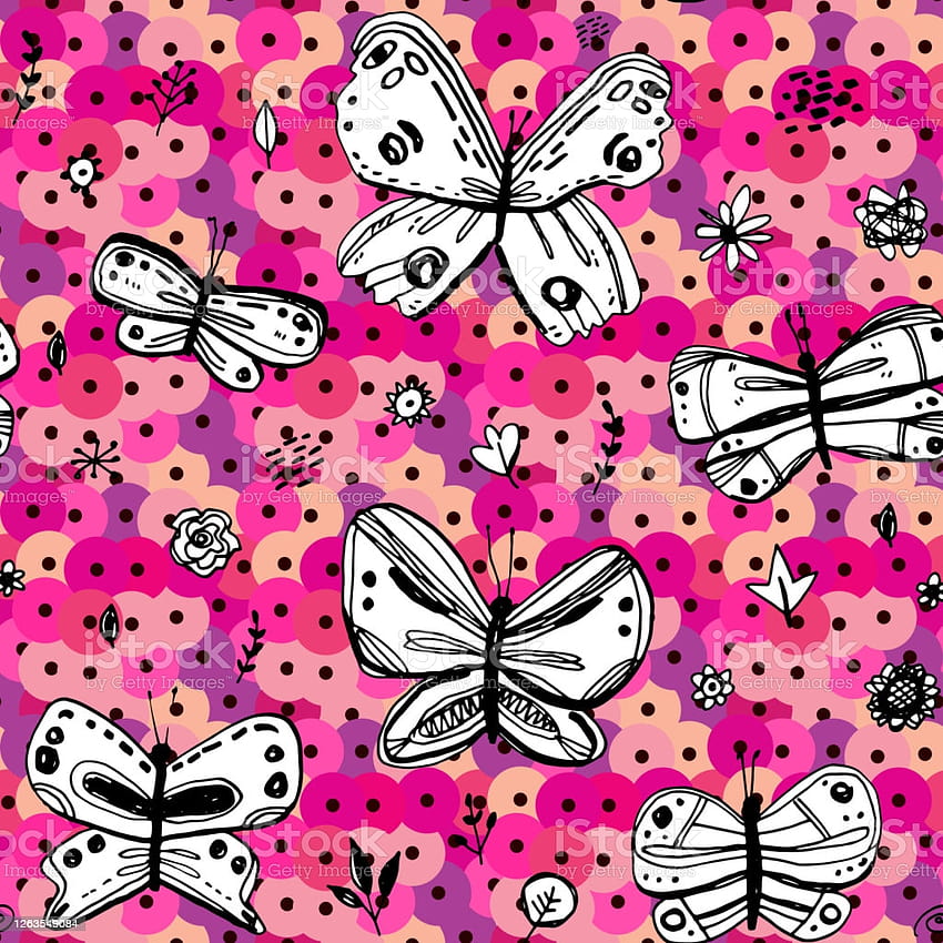 Seamless Pattern Butterflies Leaves Flowers Sequins Sketch Drawing Doodle Scandinavian Style Backgrounds Grunge Nursery Decor Gift Wrap Fabrics Black White Pink Purple Violet Vector Stock Illustration, butterfly pattern HD phone wallpaper