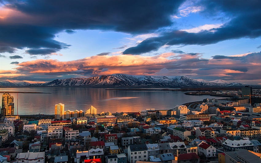 Reykjavik, fjord, mountains, sunset, Iceland, sunset iceland HD wallpaper