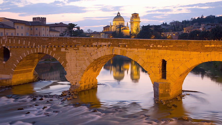 pontes, Igrejas, Itália, O, Rio, Verona, Veneto, Ponte, Pietra / e Mobile Backgrounds papel de parede HD