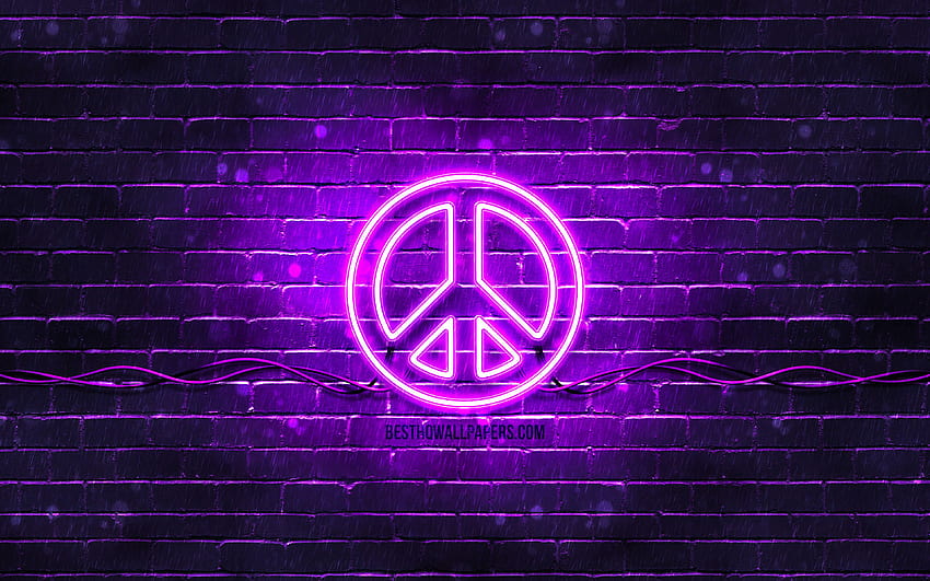 Segno viola della pace, muro di mattoni viola, simbolo della pace, creativo, insegna al neon della pace, segno della pace, pace con risoluzione 3840x2400. Alta qualità, logo della pace Sfondo HD