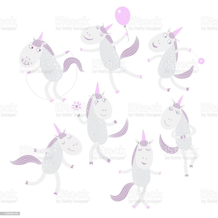 Set da simpatici unicorni su sfondi bianchi Cartone animato infantile stampa leggera per bambine Copertina dell'opuscolo con animali felici Pagina del libro da colorare Doodle Schizzo Stock illustrazione Sfondo del telefono HD