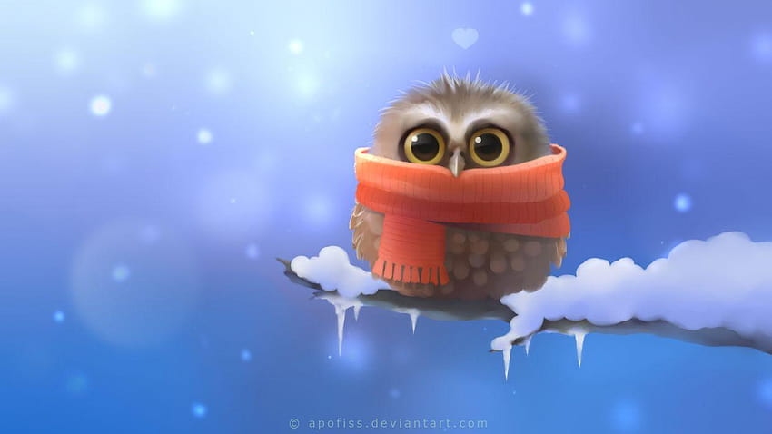 Owl Bird Snow Winter Drawing Scarf cartoon cute eyes pov, winter cartoon HD wallpaper