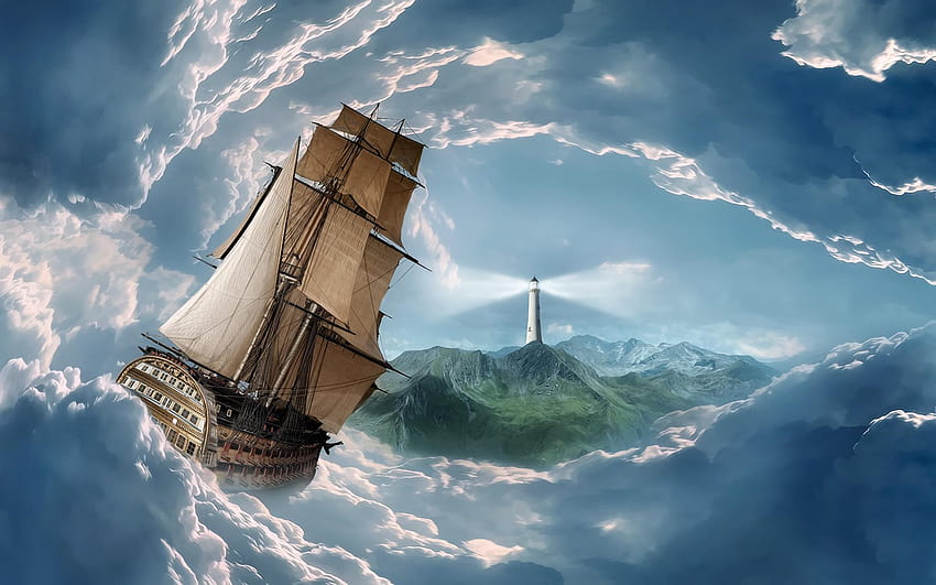 ship, Clouds, Lighthouse, Schooner, Sail, Ship, lighhouse and boat HD wallpaper