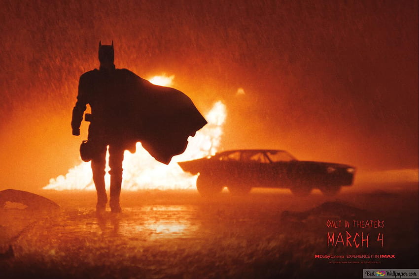 Ujęcie Batmana i jej samochodu w ogniu filmu Batman, Batman 2022 ultra Tapeta HD