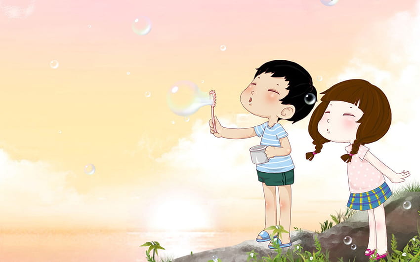 Kartun lucu dengan anak laki-laki dan perempuan kecil meniup gelembung, laki-laki dan perempuan kecil Wallpaper HD