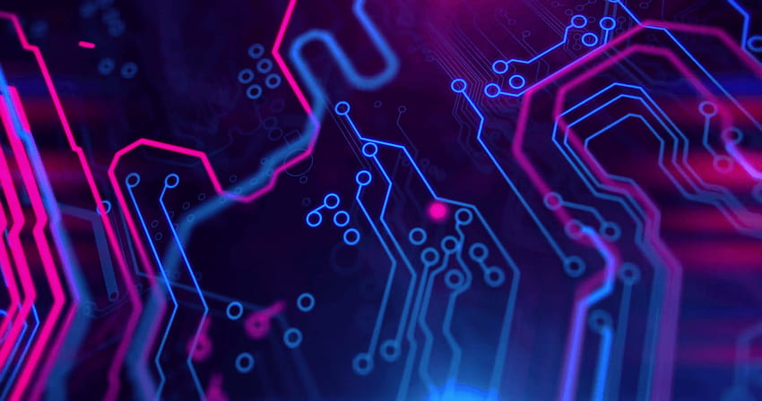 プリント基板の動画です。 マザーボード。 青と紫のデジタル、回路基板の背景 高画質の壁紙