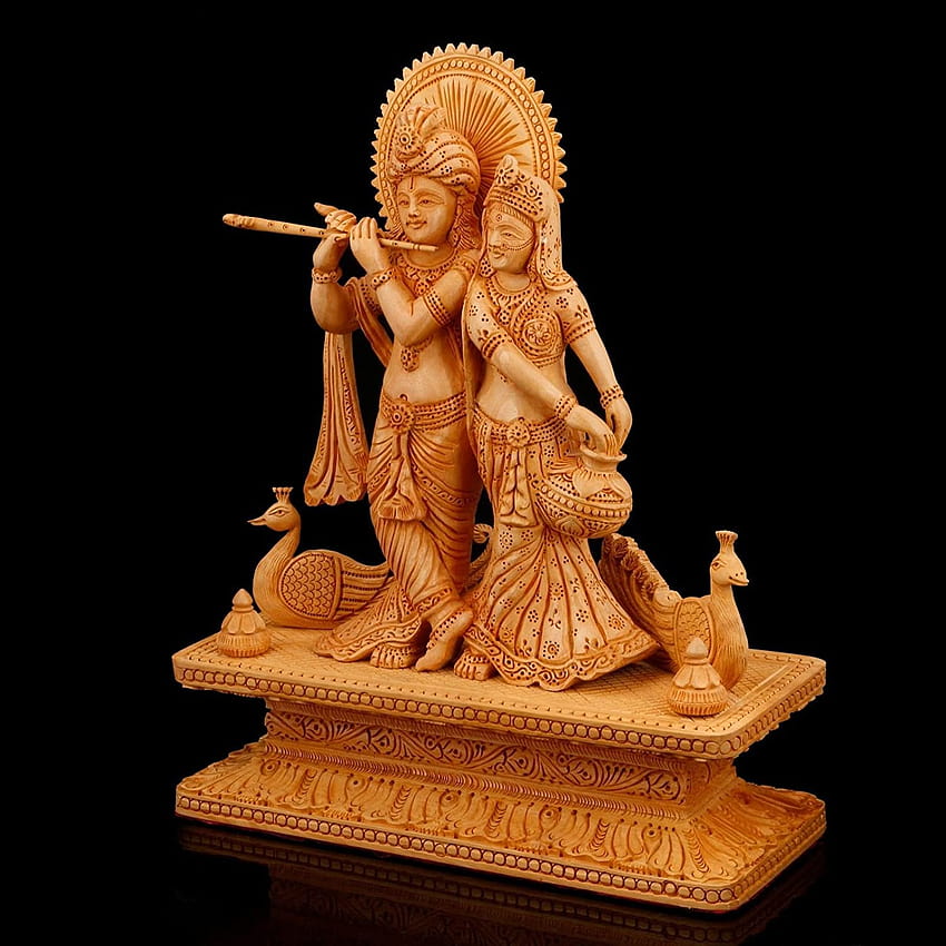 Divine lovers Radha Krishna Idol Murti in high quality kadam wood Sculpture 10 inches Radha Krishna Handmade Carving in wood Art & Collectibles Sculpture jan HD phone wallpaper