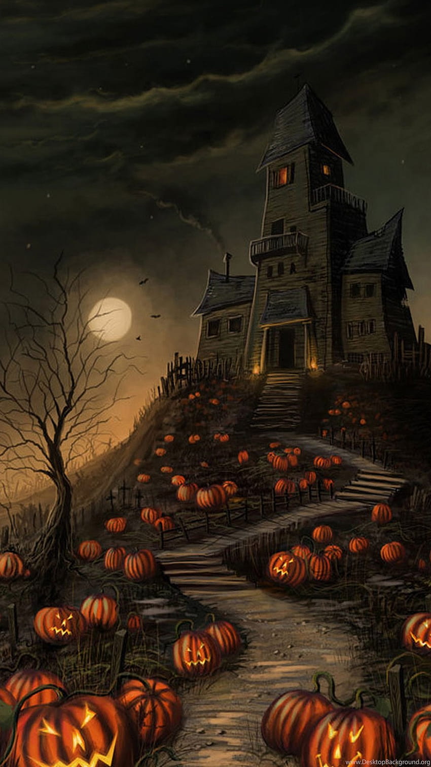 Halloween-Spukhaus-Kürbis-Android-Hintergründe HD-Handy-Hintergrundbild