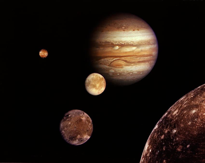 : night, planet, sky, sphere, rings, Moon, atmosphere, Jupiter, universe, Ganymede, Europa, IO, Callisto, computer , outer space, astronomical object, still life graphy, phenomenon, jpl, jetpropulsionlaboratory, voyager1 HD wallpaper