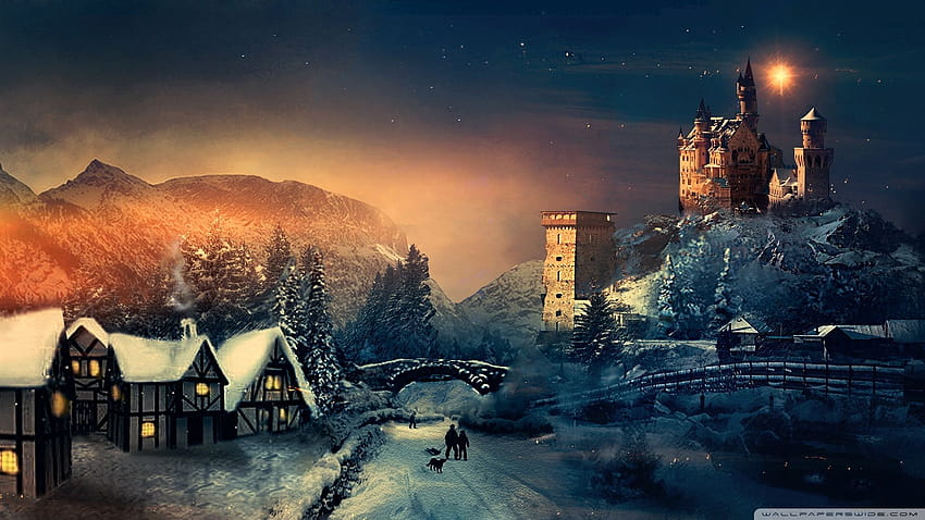 Winter christmas fantasy Christmas tree a fantasy ultra backgrounds, winter village fantasy HD wallpaper