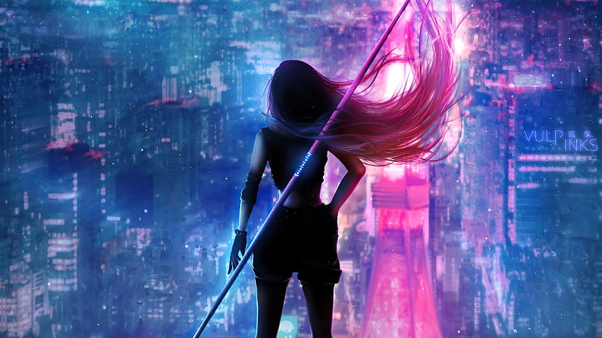 Girl Hair Flowing Neon City, Artist, Backgrounds, and, neon city girl HD wallpaper