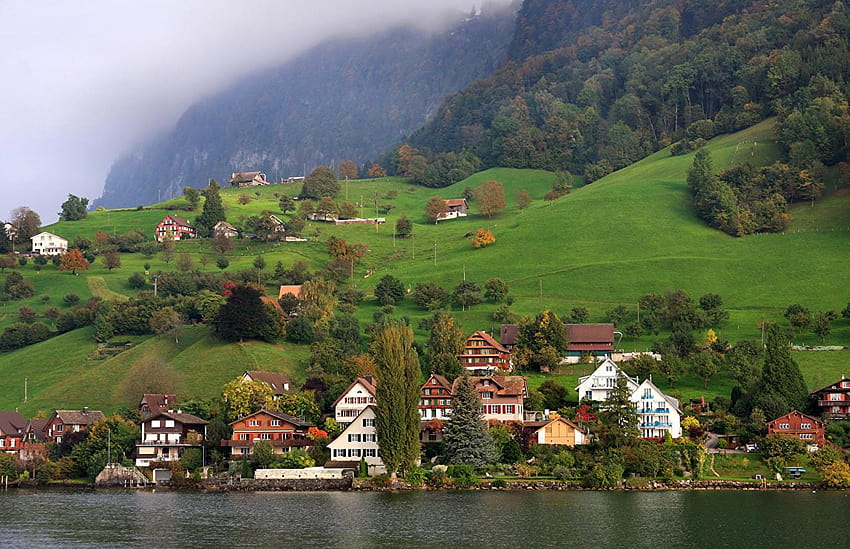 Switzerland Lucerne Lake Grasslands Cities Houses, lake lucerne HD wallpaper