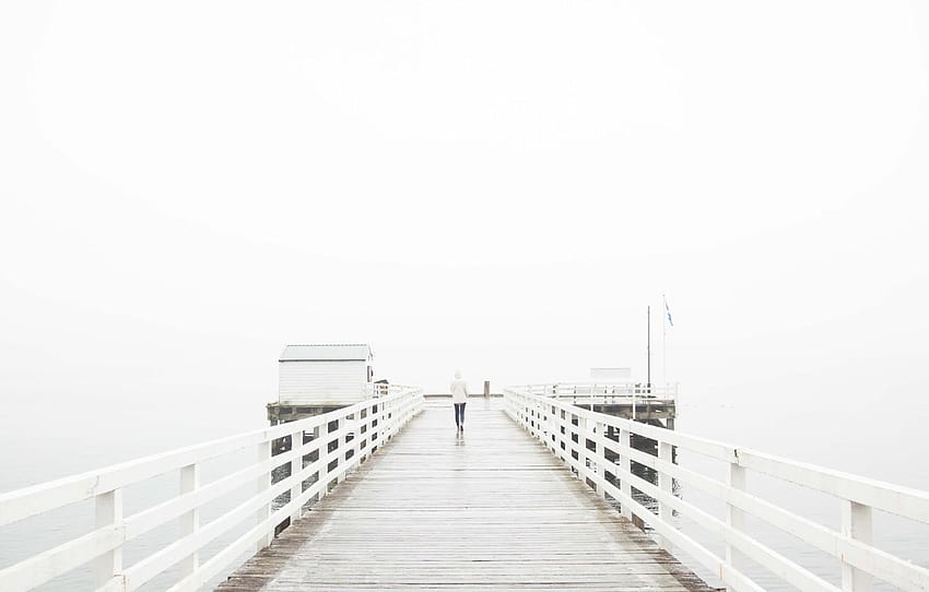 girl, wet, sea, ocean, fog, pier, mist, cloudy, deck, wooden pier fog HD wallpaper