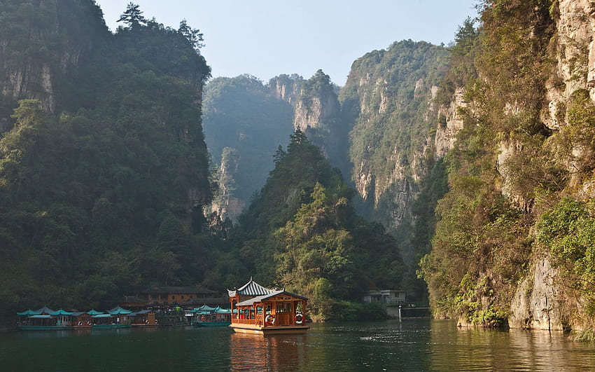 Dağ gölünde Çin tekneleri, Çin dağı HD duvar kağıdı
