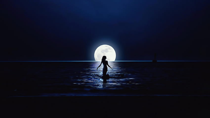 3840x2160 girl and moon, ocean, silhouette , u , 16:9 , 3840x2160 , background, 27678, moon girl HD wallpaper