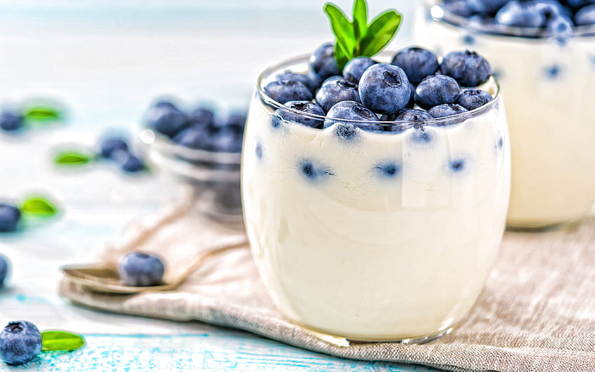 blueberry yogurt, dairy products, yogurt, glass of white yogurt, blueberries, yogurt with berries with resolution 2880x1800. High Quality HD wallpaper