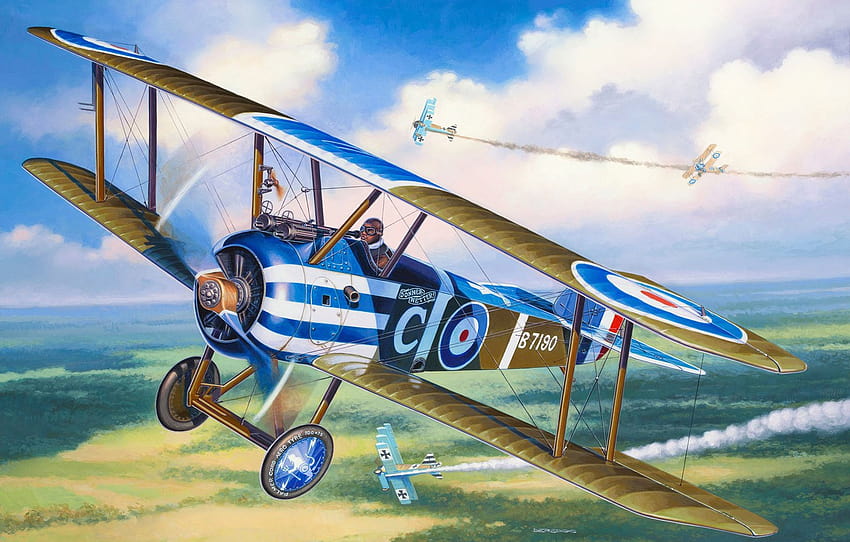 самолетът, изтребител, битка, изкуство, въздух, британски, единичен, самолет, известен, маневреност, сред, онези, страхотни, Първата световна война., години, Sopwith Camel , раздел авиация, самолети от Първата световна война HD тапет