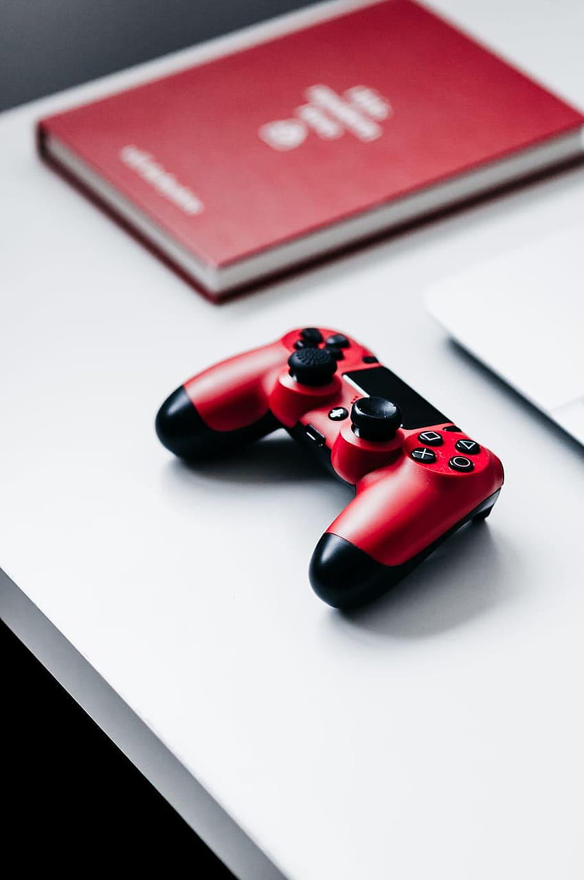 : playstation 4, gaming, desk, book, red, gaming control HD phone wallpaper