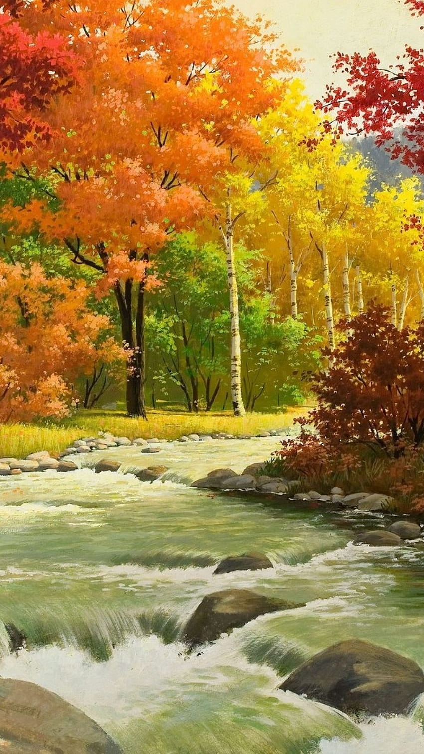 sungai,paisagem natural,natureza,árvore,pintura,folha,rio,outono,fluxo,banco,curso de água,outono vertical Papel de parede de celular HD