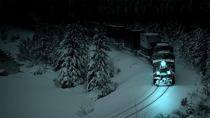 รถไฟในคืนฤดูหนาวที่เต็มไปด้วยหิมะ รถไฟคริสต์มาสหิมะ วอลล์เปเปอร์ HD
