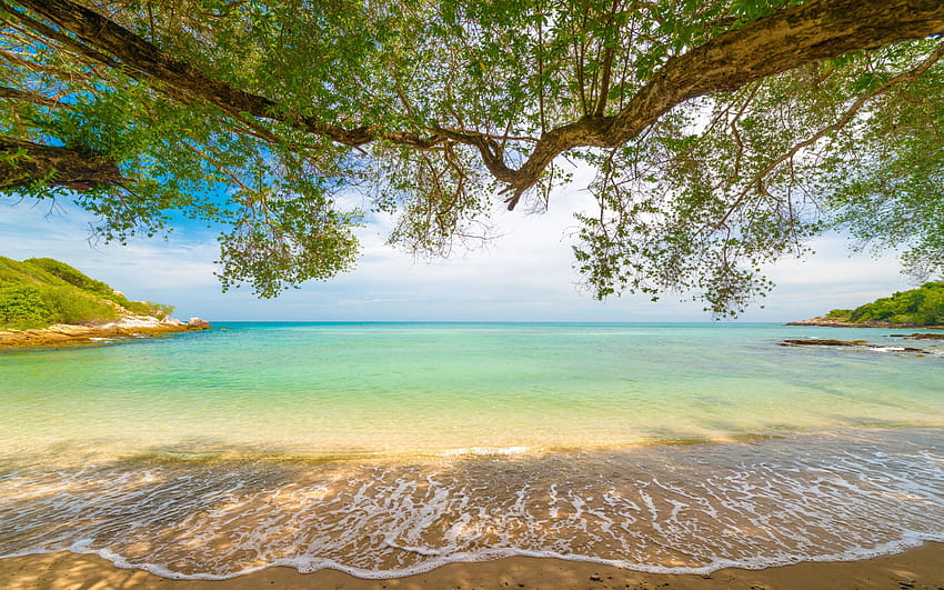 strand, meerlandschaft, blaue lagune, azurblau, küste, sommerreise, meer, wellen, herbststrände HD-Hintergrundbild