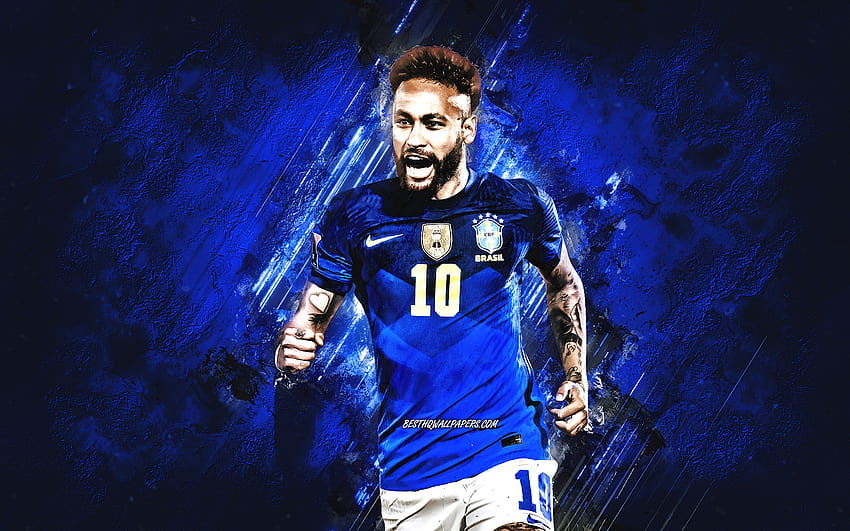 Neymar, équipe nationale de football du Brésil, art grunge, fond de pierre bleue, Brésil, football, art de Neymar avec résolution 2880x1800. Haute qualité, équipe de football brésilienne 2022 Fond d'écran HD