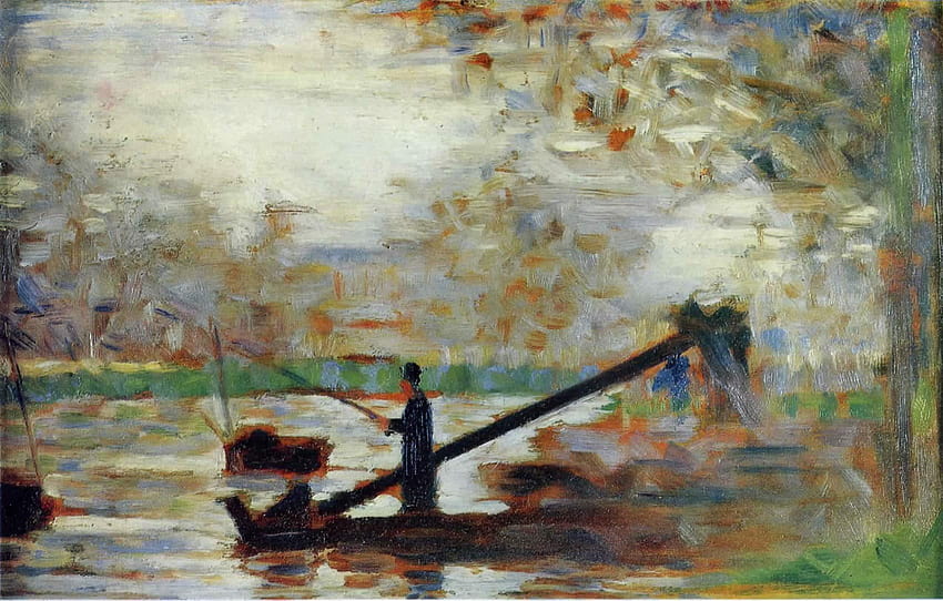Man Fishing From A Moored Boat, georges seurat HD wallpaper