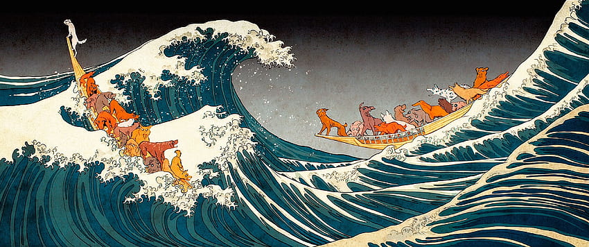 The Great Wave of Kanagawa โดย Hokusai วาด Isle of Dogs The Great Wave นอก Kanagawa, Japan คลื่นแล็ปท็อป วอลล์เปเปอร์ HD