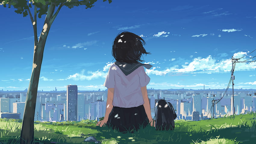 3840x2160 Anime School Girl, Anime Landscape, Cityscape, School Uniform, Back View para U TV, anime view fondo de pantalla