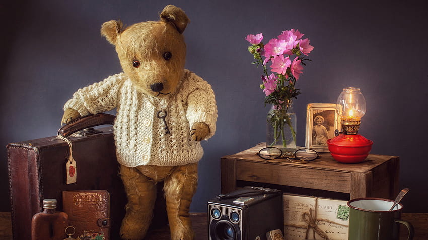 Teddybär, Koffer, rosafarbene Blumen, Lampe, Lautsprecher, Stillleben, leuchtender Teddybär HD-Hintergrundbild
