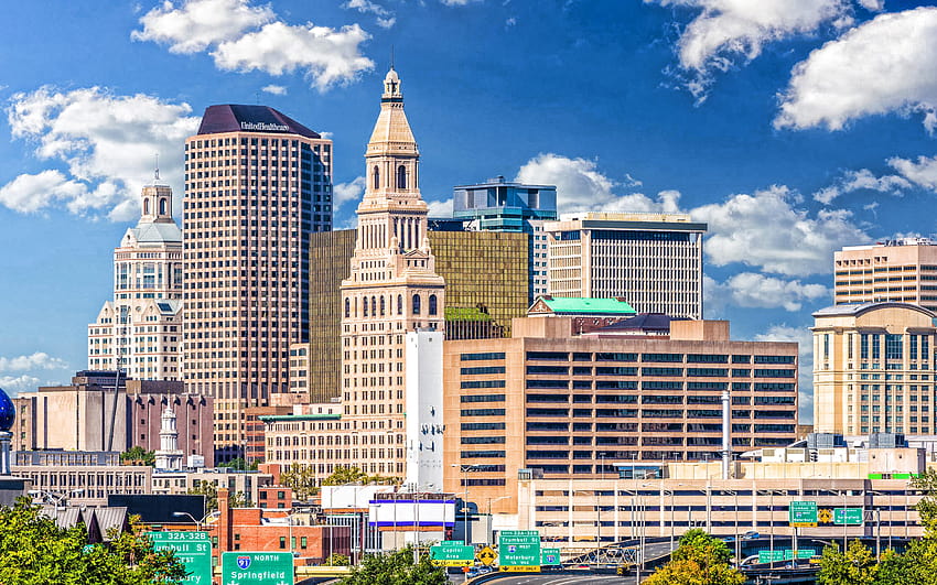 Hartford, evening, Travelers Tower, Goodwin Square, City Place I, Hartford cityscape, Hartford skyline, Connecticut, USA with resolution 2880x1800. High Quality HD wallpaper