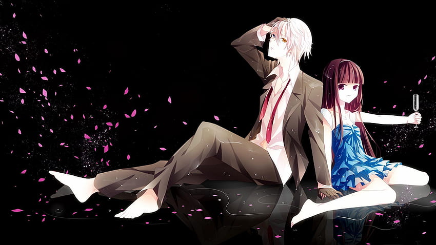 2560x1440 anime, boy, girl, romance, petals, anime romance background Wallpaper HD