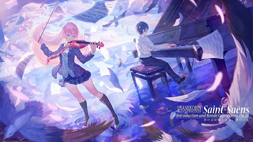 Anime girl boy couple music piano petals blonde violin birds, girls with piano anime HD wallpaper