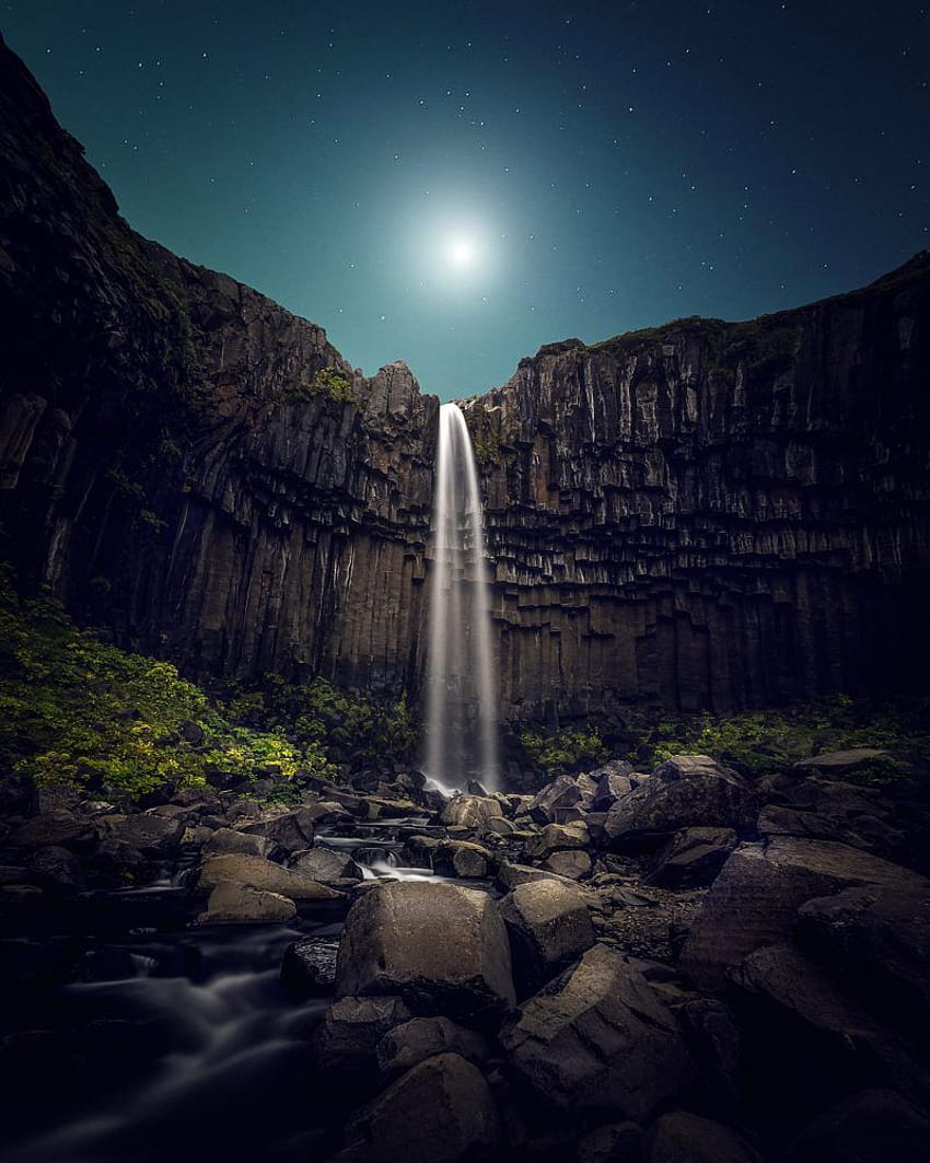 Quality: Behind The Waterfallb quality.blogspot, waterfall under moonlight HD phone wallpaper