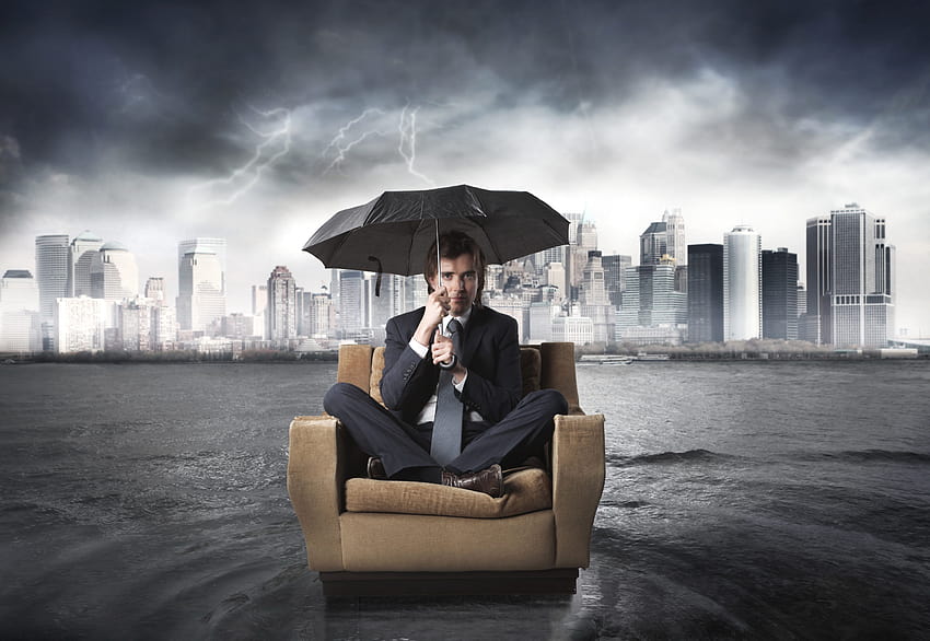 Businessman, Chair, Flood, Umbrella, River, Storm, City HD wallpaper