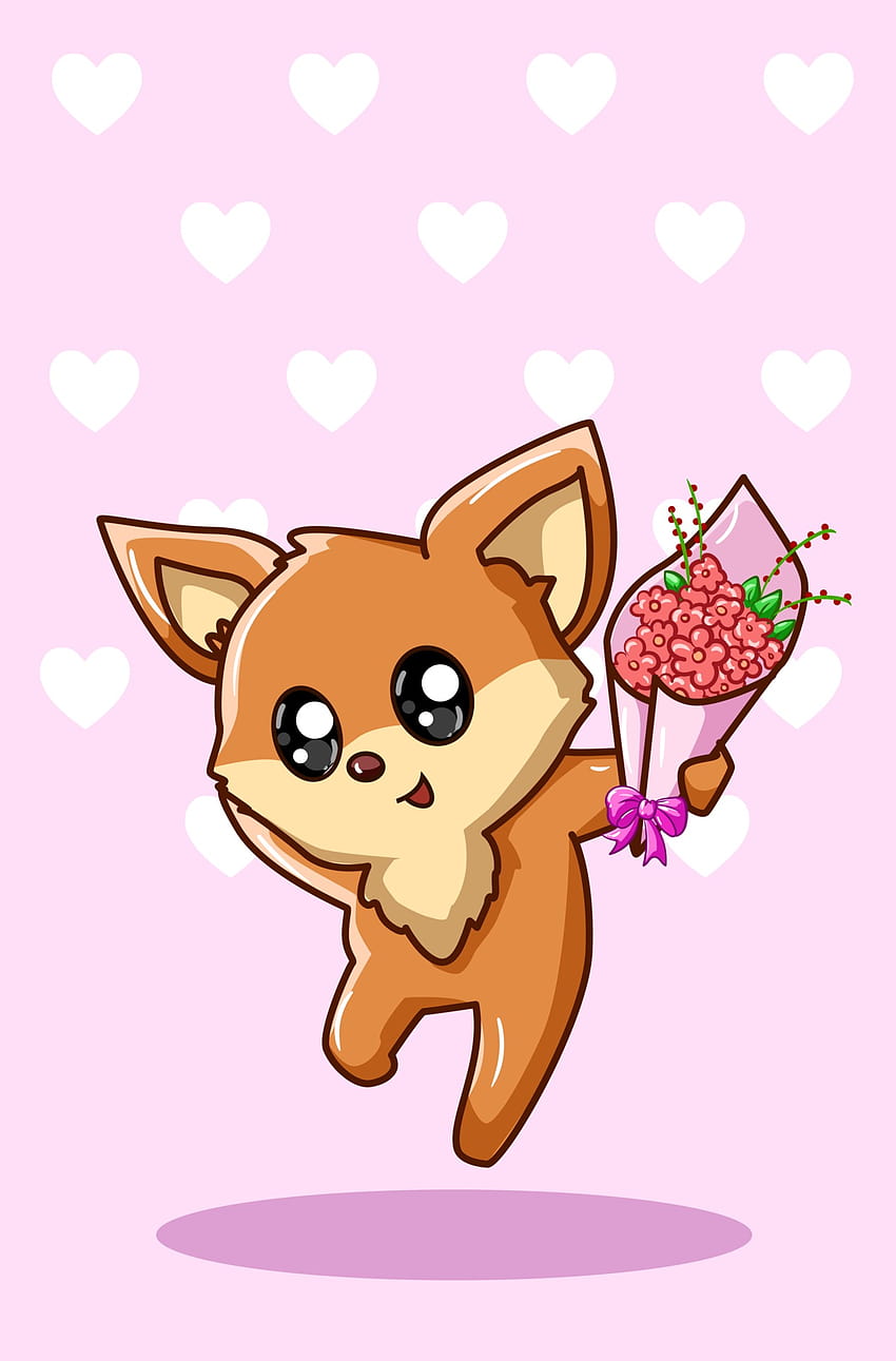 Kawaii fox carrying a bouquet of flowers on valentine day cartoon illustration 2160383 Vector Art at Vecteezy, kawaii valentines art HD phone wallpaper