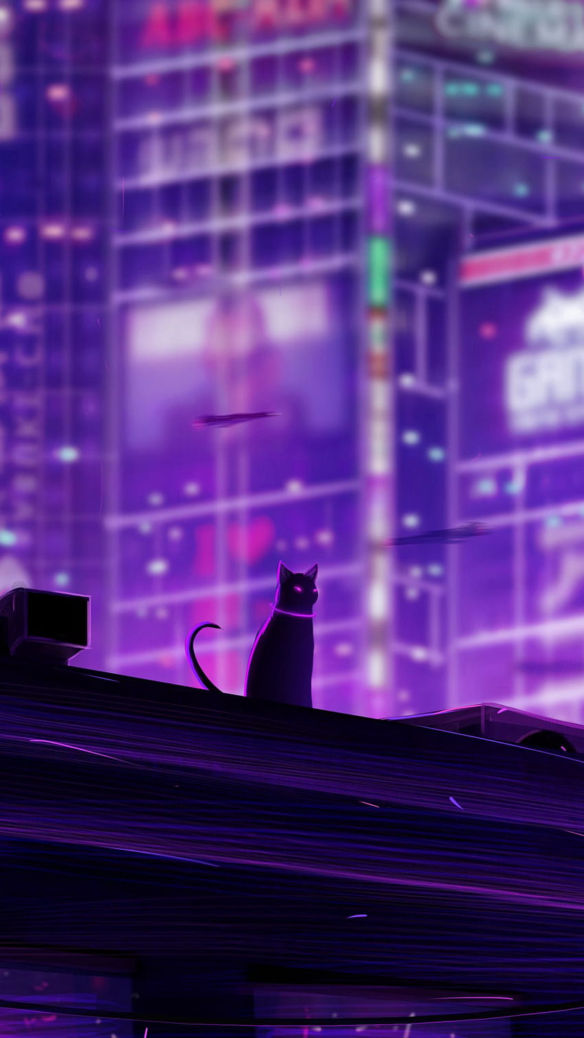 1080x1920 猫、屋根、都市、未来、ネオン、バックライト samsung galaxy s4、s5、メモ、sony xperia z、z1、z2、z3、htc one、lenovo の雰囲気の背景、紫の猫 HD電話の壁紙